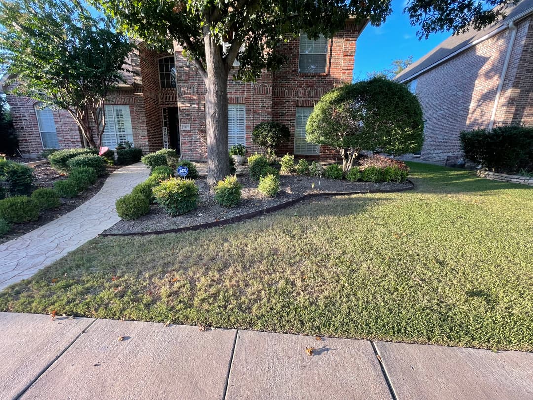 Well-maintained front yard with shrubs, tree, and stone pathway leading to a brick house.