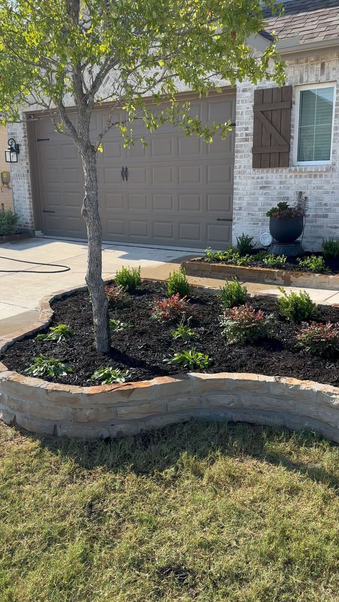 Landscaped garden with stone border, greenery, and a small tree by a house and garage.