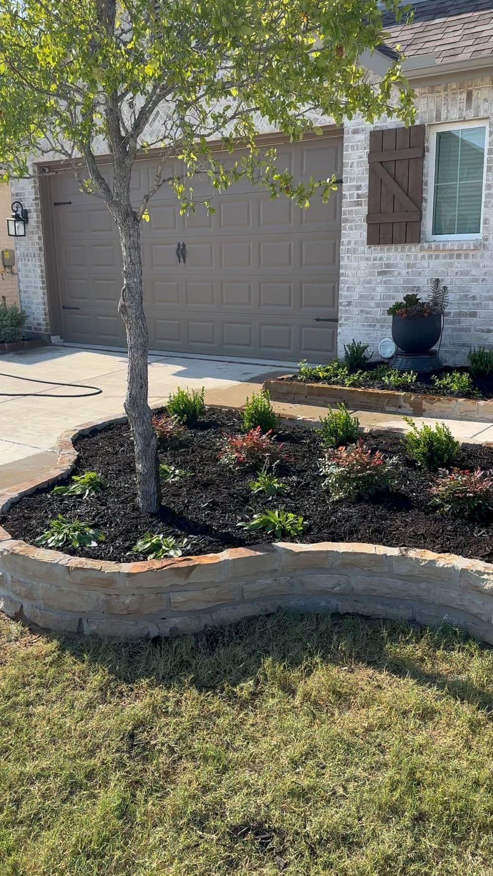 Landscaped garden with a tree, stone border, and colorful flower beds near a garage.